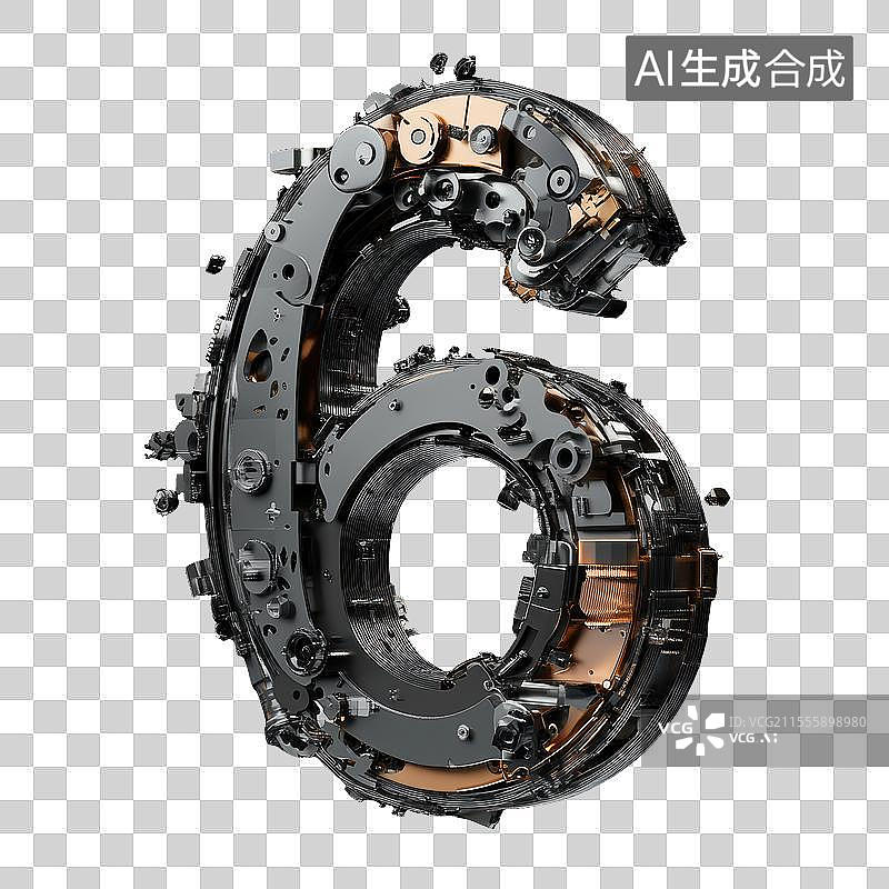 【AI数字艺术】铁质机械零部件镶嵌而成的数字6图片素材