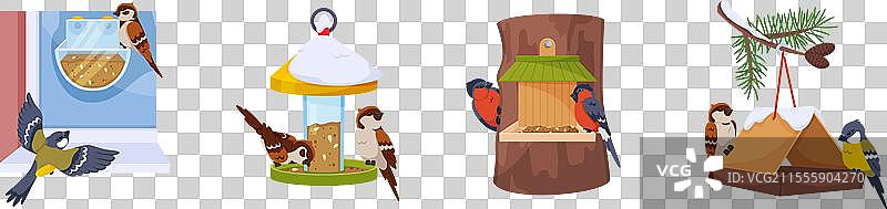 鸟食器上有麻雀、山雀和红腹灰雀。图片素材