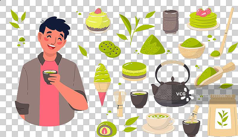 抹茶茶产品的叶子和粉末冲泡图片素材