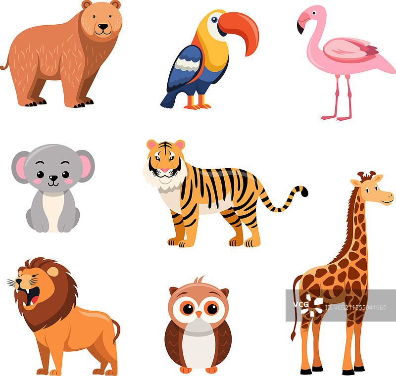 各种卡通动物的多彩组合，包括一只图片素材
