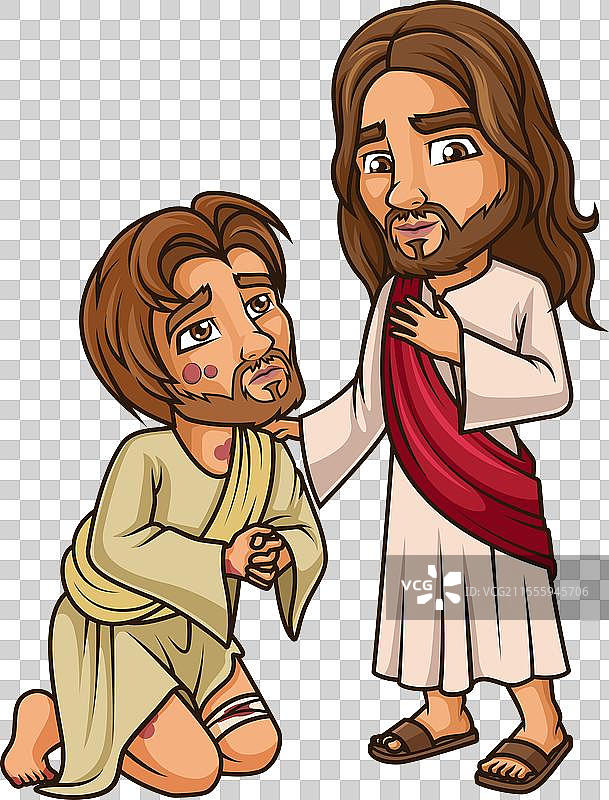 耶稣基督为麻风病人净化的卡通剪贴画图片素材