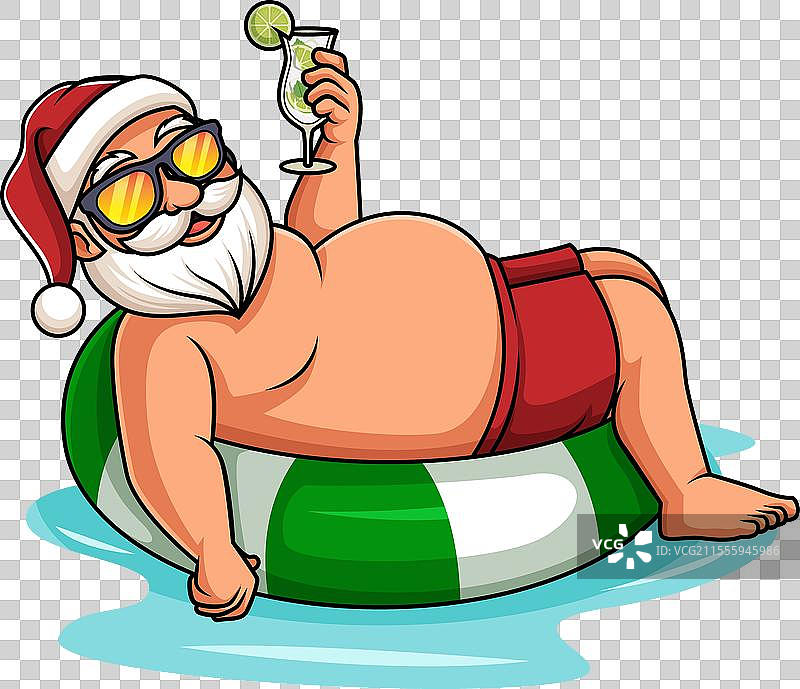 夏季圣诞老人坐在充气浮筒上，卡通风格图片素材