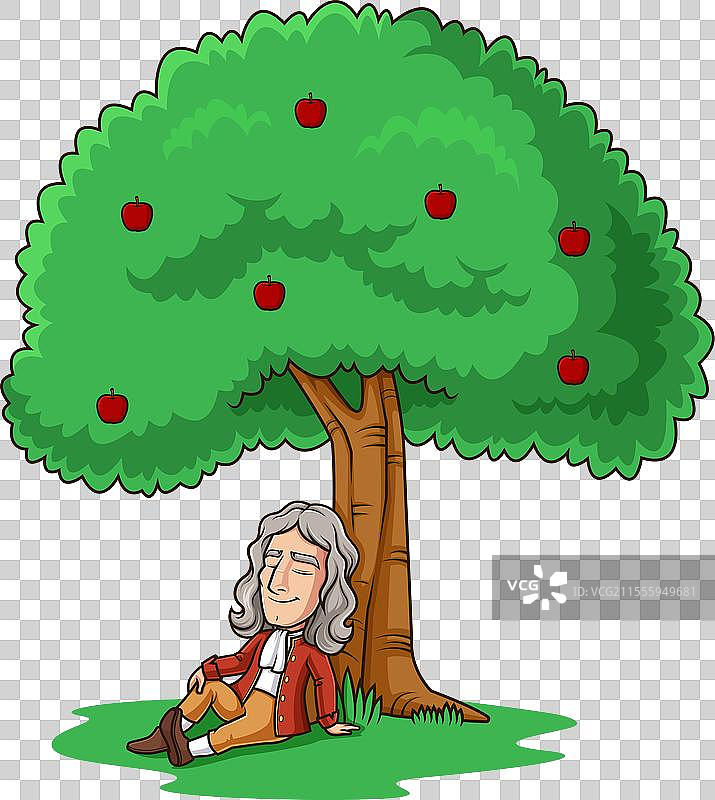 牛顿在苹果树下的卡通剪贴画图片素材