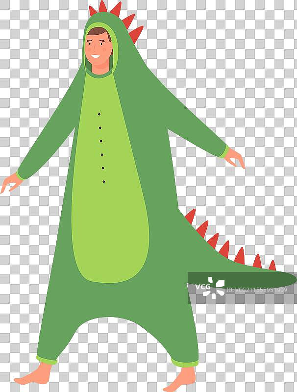 穿着可爱绿色恐龙服装并带有尾巴的年轻男子图片素材