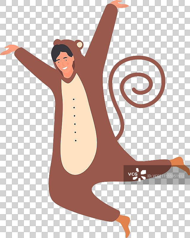 年轻男子穿着狂欢节猴子服装跳跃，充满乐趣图片素材