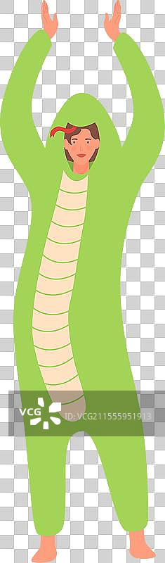 穿着蛇形连体衣的搞笑女孩在睡衣派对上图片素材