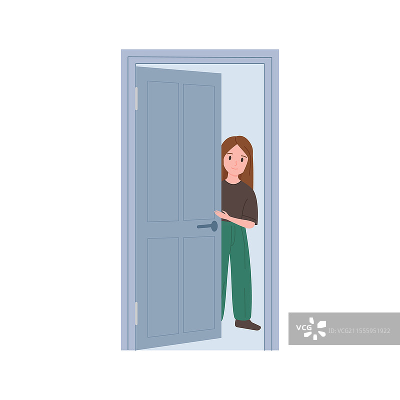 女孩从灰色门后探出头来图片素材