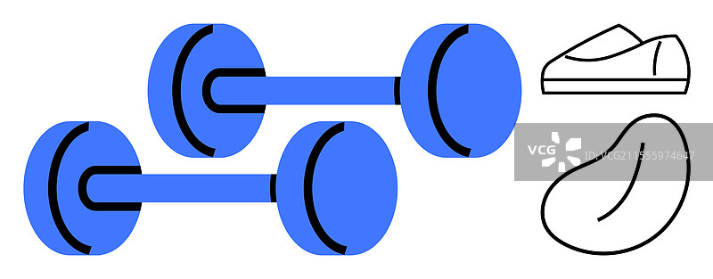 蓝色哑铃与运动鞋和豆形物体图片素材