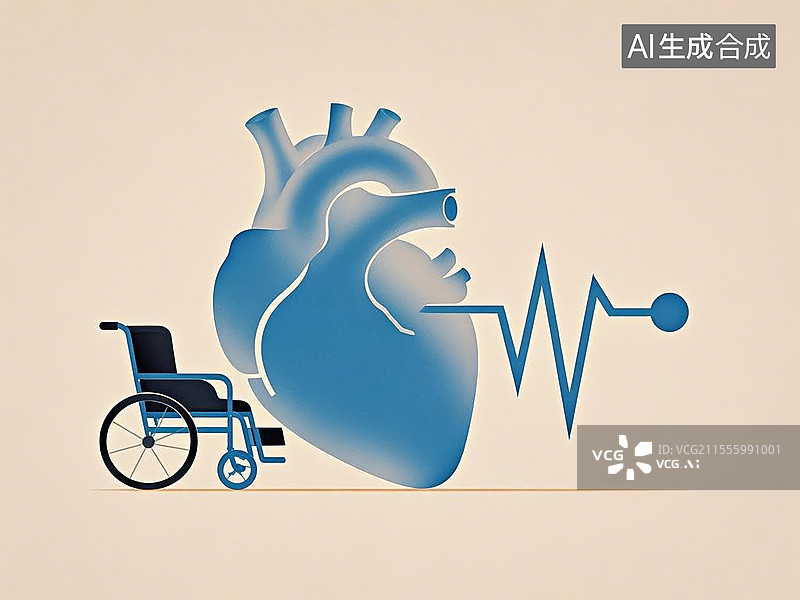 【AI数字艺术】康复医疗插画：轮椅简笔画与抽象心电图波形组合图片素材