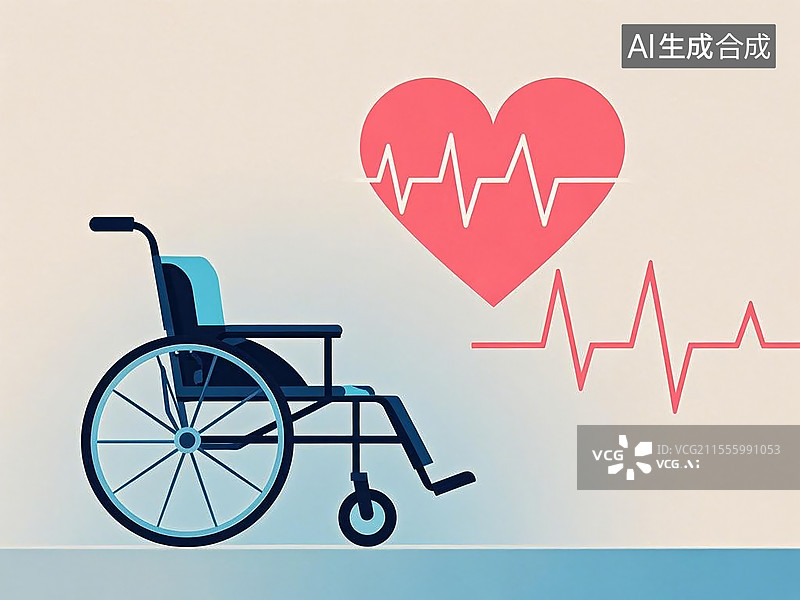 【AI数字艺术】康复医疗插画：轮椅简笔画与抽象心电图波形组合图片素材