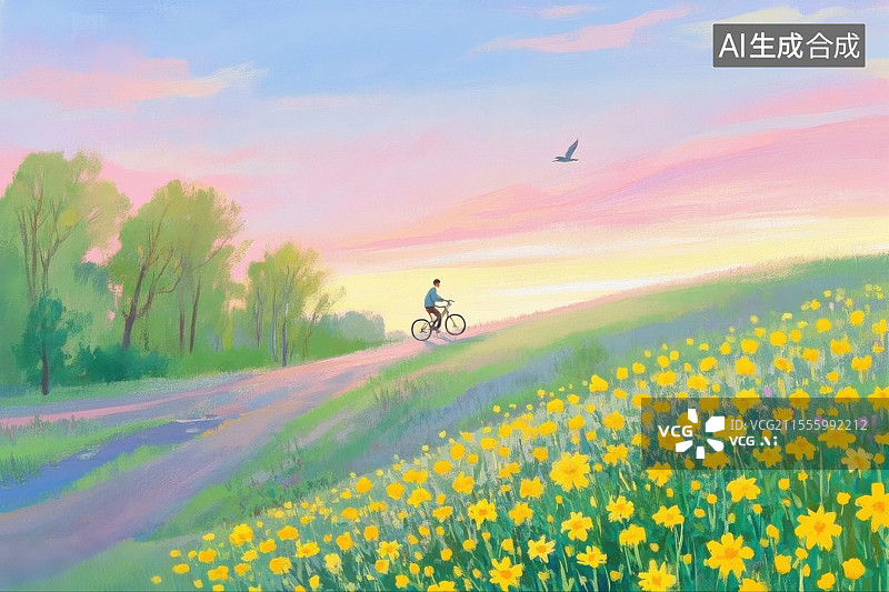 【AI数字艺术】骑行于诗意原野插画图片素材