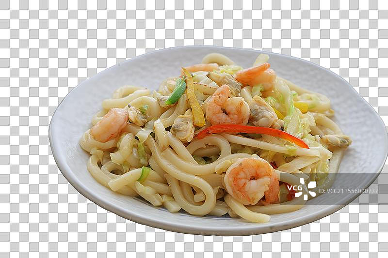 虾仁炒乌冬面图片素材