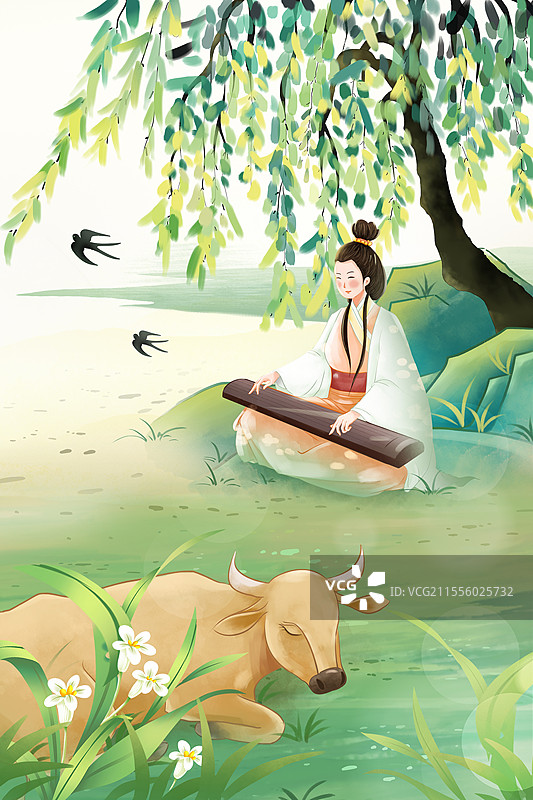 中国成语故事插画-对牛弹琴 古风女子坐树下弹琴 黄牛在旁边睡觉 背景是山和柳树 竖版图片素材