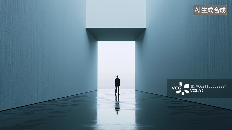 【AI数字艺术】蓝色调简约风格建筑背景——一个矗立在走廊走廊尽头的孤独背影图片素材