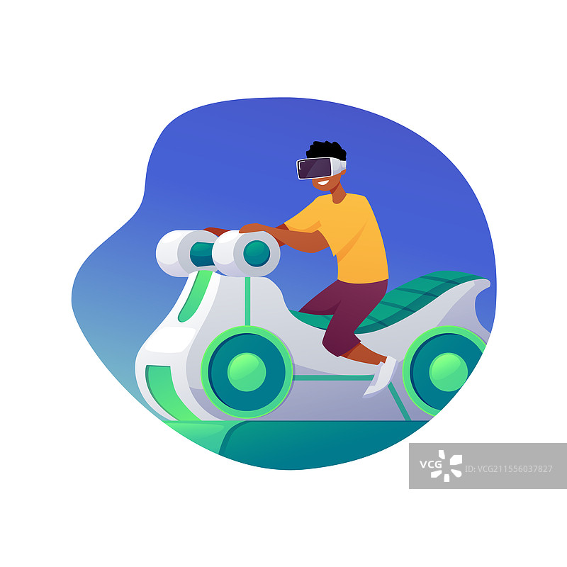 戴着虚拟现实眼镜的孩子坐在移动座椅摩托车上图片素材