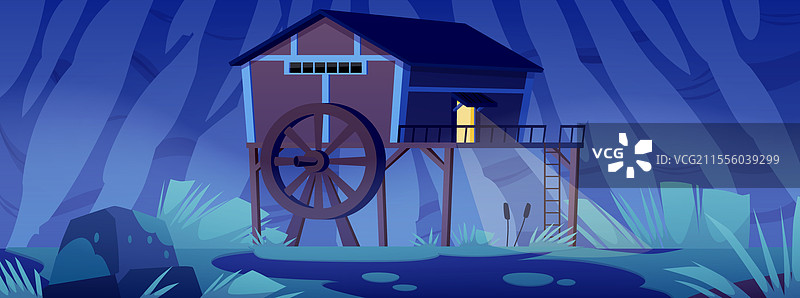 夜晚黑暗沼泽上的桩基水车图片素材