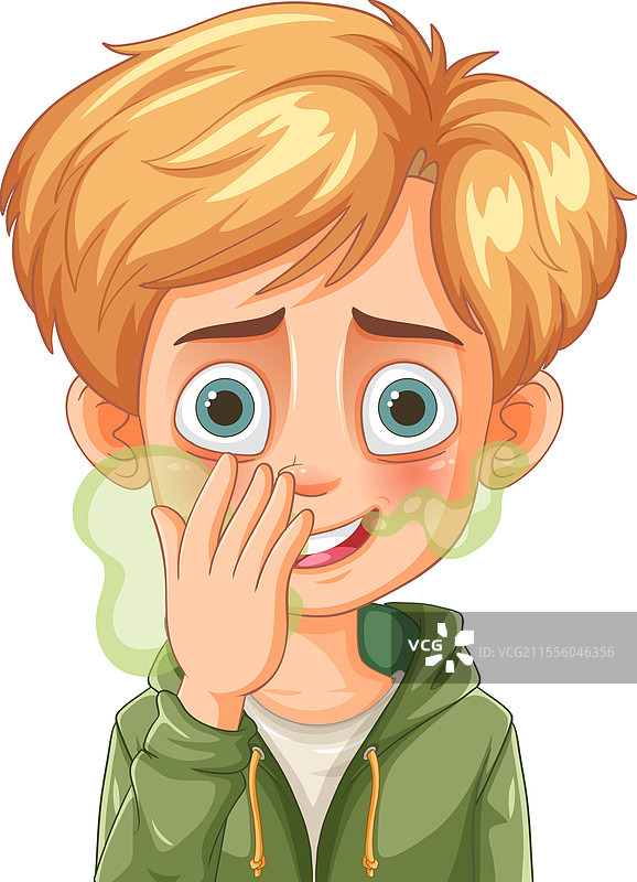 一个男孩捂住嘴巴，看起来很尴尬图片素材