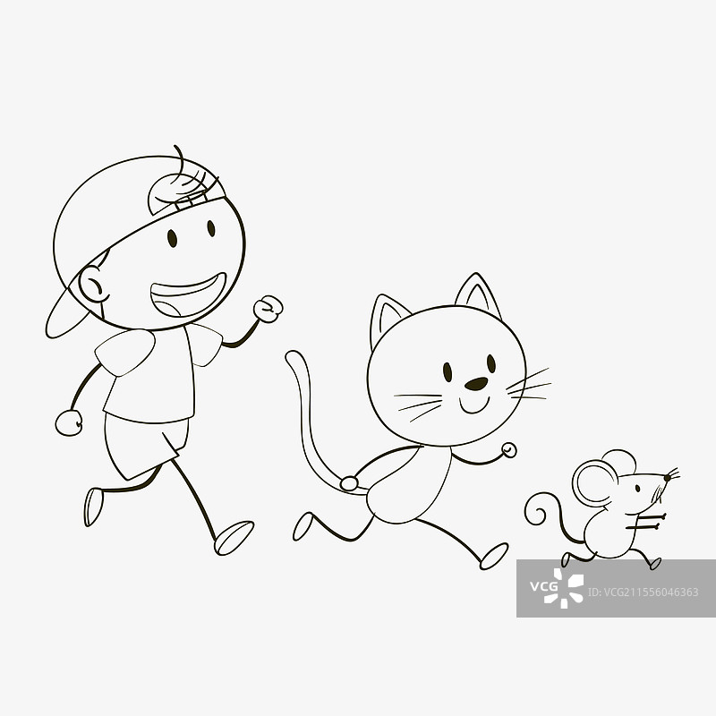 一个孩子和一只猫与老鼠快乐地一起奔跑图片素材