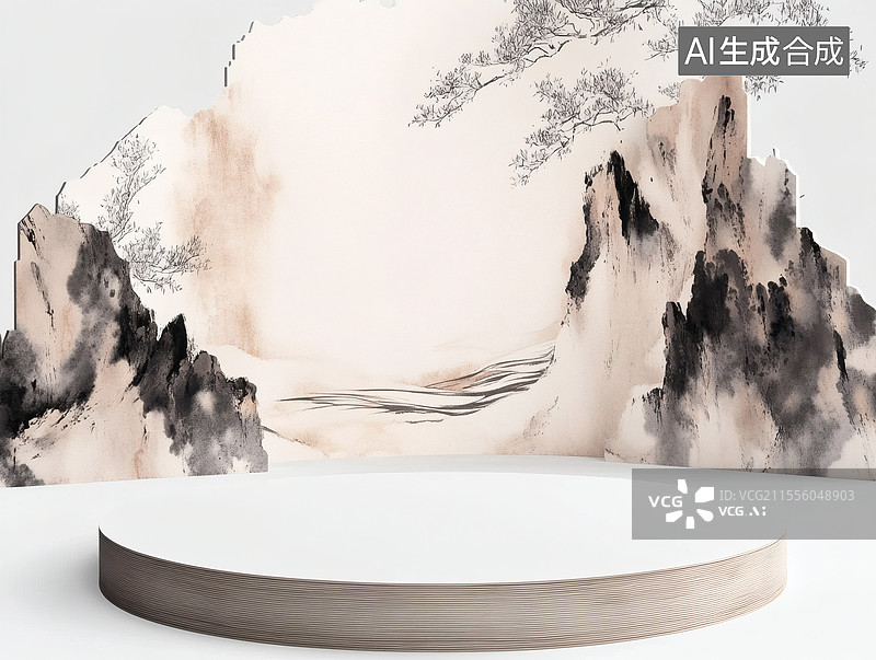 【AI数字艺术】山水画风格的展示台背景图片素材