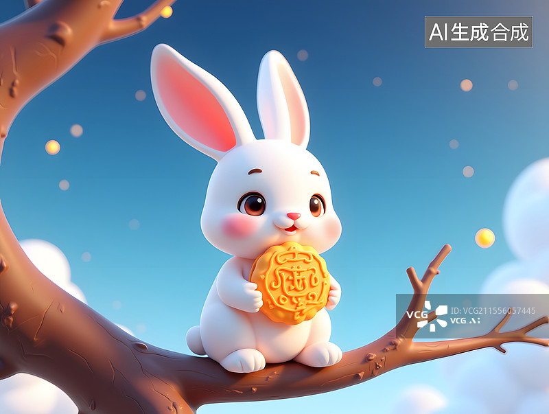 【AI数字艺术】中秋节的可爱玉兔赏月插画图片素材