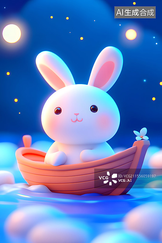 【AI数字艺术】中秋节兔子坐船上看月亮的3D插画图片素材