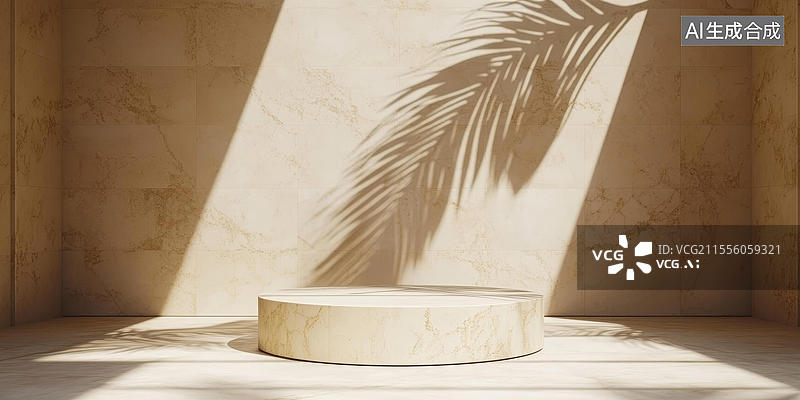 【AI数字艺术】温暖阳光下的浅 беже 色圆形展示台图片素材