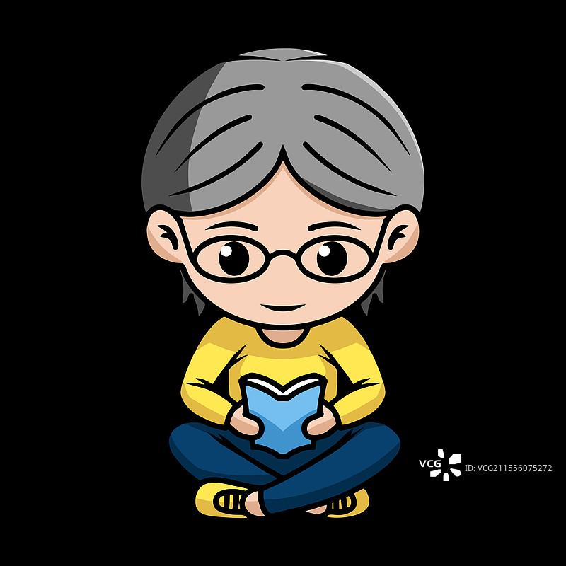书虫风格的可爱角色坐着阅读一本书图片素材