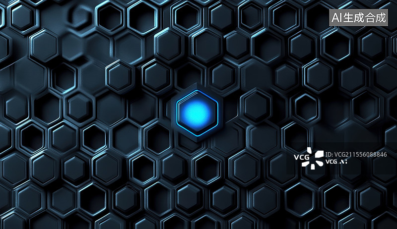 【AI数字艺术】一面由多个六边形组成的墙面，其中一个六边形发出明亮的蓝色光芒，形成了强烈的视觉对比。图片素材