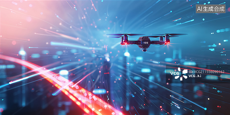 【AI数字艺术】城市天际线上空的无人机图片素材