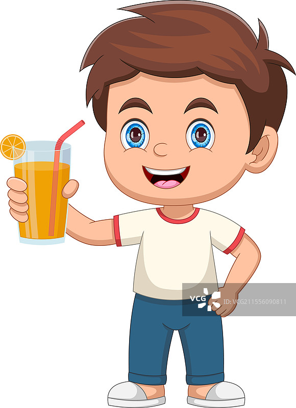 可爱的卡通男孩在喝橙汁图片素材