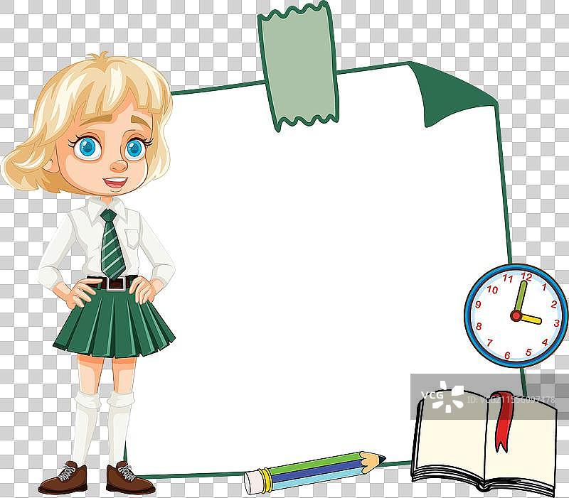 卡通女学生手持书本、铅笔和时钟图片素材