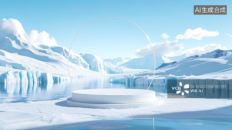 【AI数字艺术】白色圆形展台舞台讲台极地冰川山水背景商品展台图片素材