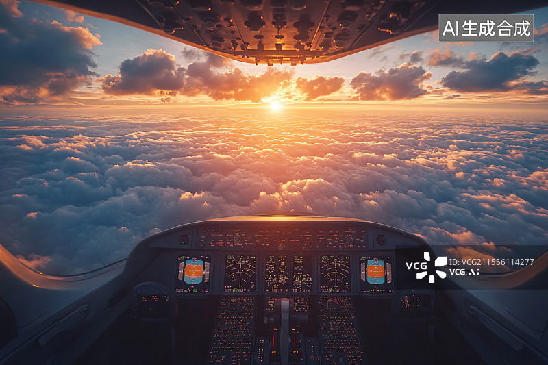 【AI数字艺术】一架飞机的驾驶舱，前景中是控制面板，窗外可见云朵，展示了飞行和航空技术的激动人心与动态体验。图片素材