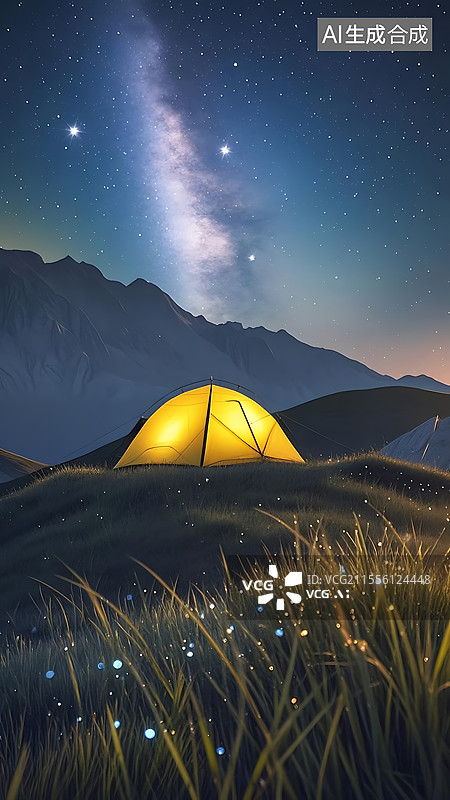 【AI数字艺术】星空下的雪山草原露营帐篷主题自然风光图片素材