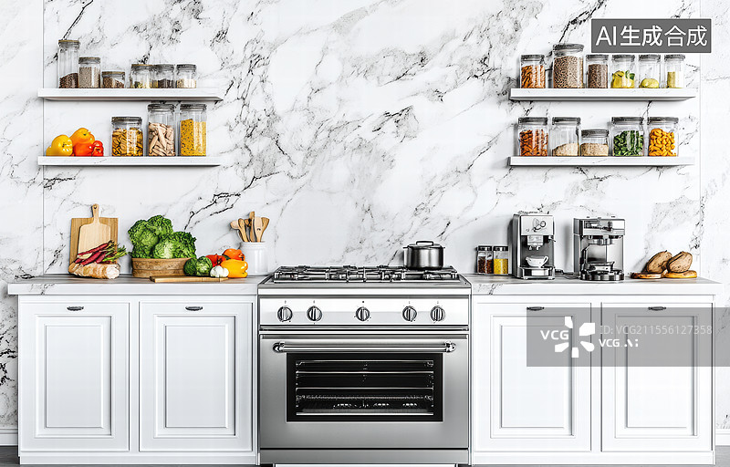 【AI数字艺术】一个现代厨房的场景，背景是大理石纹理的墙面，整体设计简洁而优雅。厨房台面上摆放着各种新鲜蔬菜和食材。图片素材