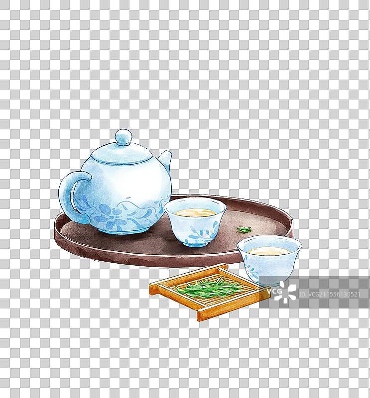 托盘上的茶壶茶杯插画元素图片素材