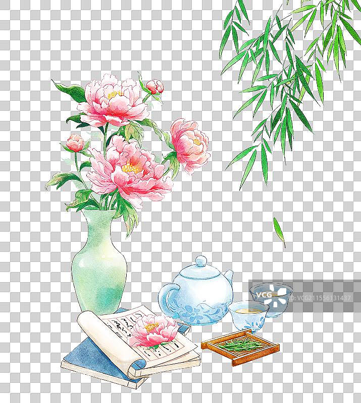 牡丹花下的茶壶静物谷雨节气插画元素图片素材