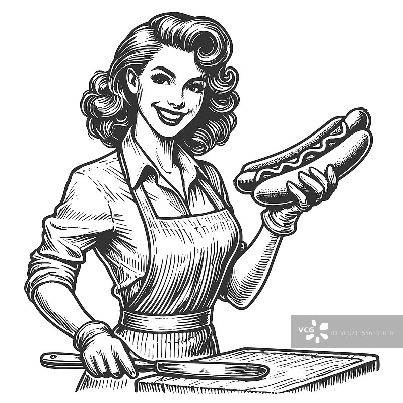 女人烹饪热狗的雕刻画图片素材