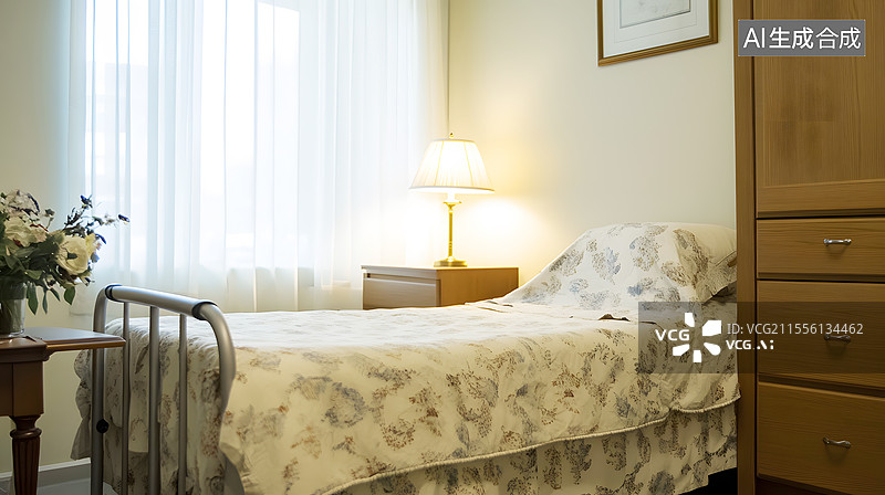 【AI数字艺术】AIGC：单人床卧室起居室养老公寓图片素材
