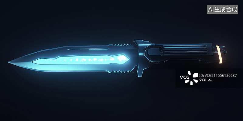 【AI数字艺术】黑背景科幻充能的发光匕首3D立体游戏原画素材图片素材