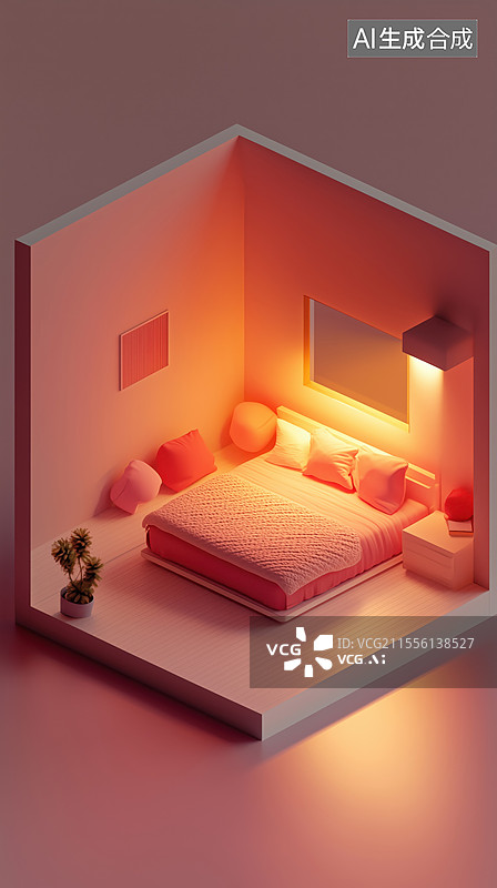 【AI数字艺术】温馨开着灯有床的现代家居卧室轴测图3D立体卡通插画图片素材