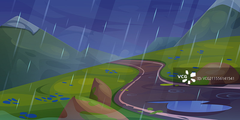 雨天的山路场景和水洼卡通图图片素材