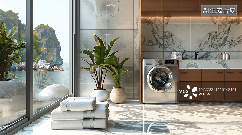【AI数字艺术】现代别墅洗衣房和洗衣机图片素材