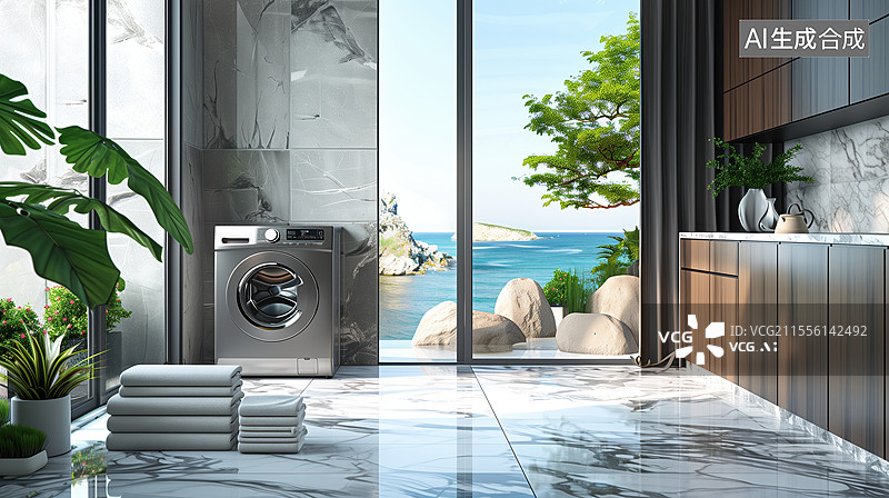 【AI数字艺术】现代别墅洗衣房和洗衣机图片素材