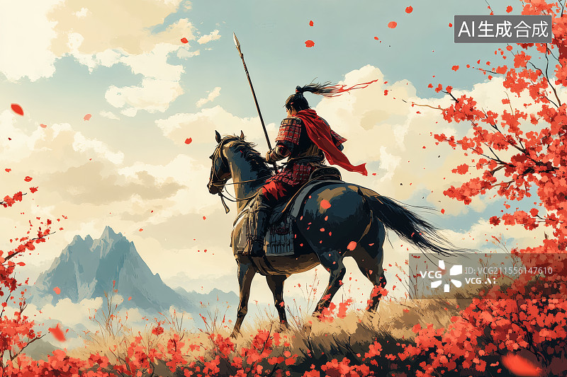 【AI数字艺术】一名将军手拿长枪，身穿铠甲坐在战马上图片素材