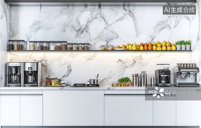 【AI数字艺术】一个现代厨房的场景，背景是大理石纹理的墙面，整体设计简洁而优雅。厨房台面上摆放着各种新鲜蔬菜和食材。图片素材