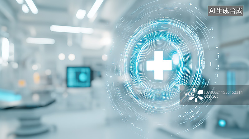 【AI数字艺术】医院医疗设备背景下的发光医疗红十字图标图片素材