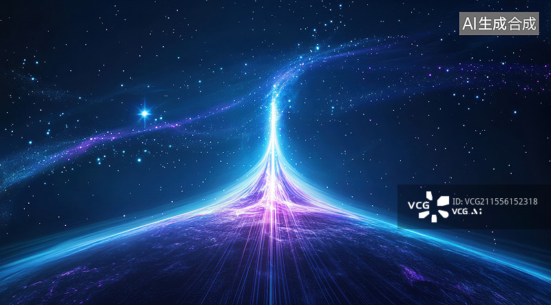 【AI数字艺术】一个科幻场景，地球的夜景与星空相接，从地平线上发射出耀眼的蓝色和粉色光芒，形成光柱直冲天际。图片素材
