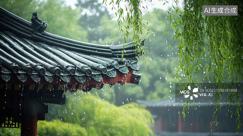 【AI数字艺术】中国古建筑的屋檐雨水滴落图片素材