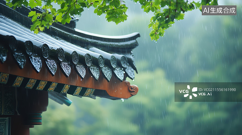 【AI数字艺术】中国古建筑的屋檐雨水滴落图片素材